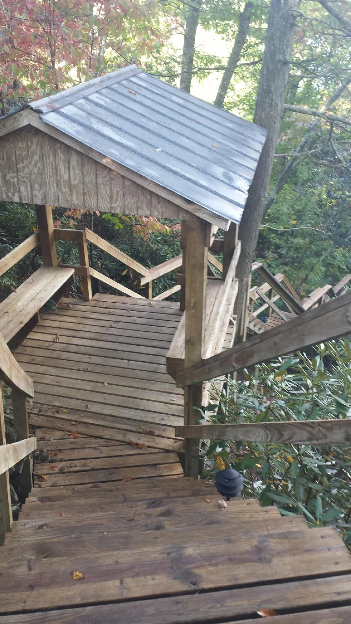 Metal roofed shelter over wooden steps on a wooded walkway — Skylight Repair & Installation work by our crew in Saint Louis